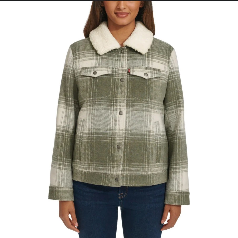 LEVI'S Women's Trucker Fleece Zip Button Up Jacket Coat Green White Size Medium